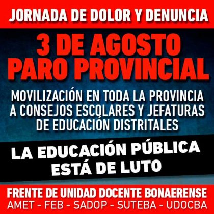 El Frente de Unidad Docente Bonaerense convoca a un paro provincial para mañana por la tragedia de Moreno
