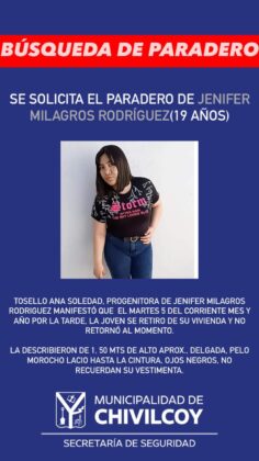 <span style='color:#f000000;font-size:14px;'>POLICIALES</span><br>Se solicita el paradero de Jenifer Milagros Rodríguez (19 años)