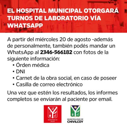 <span style='color:#f000000;font-size:14px;'>SALUD</span><br>Hospital Municipal: Se podrán solicitar turnos de Laboratorio por WhatsApp
